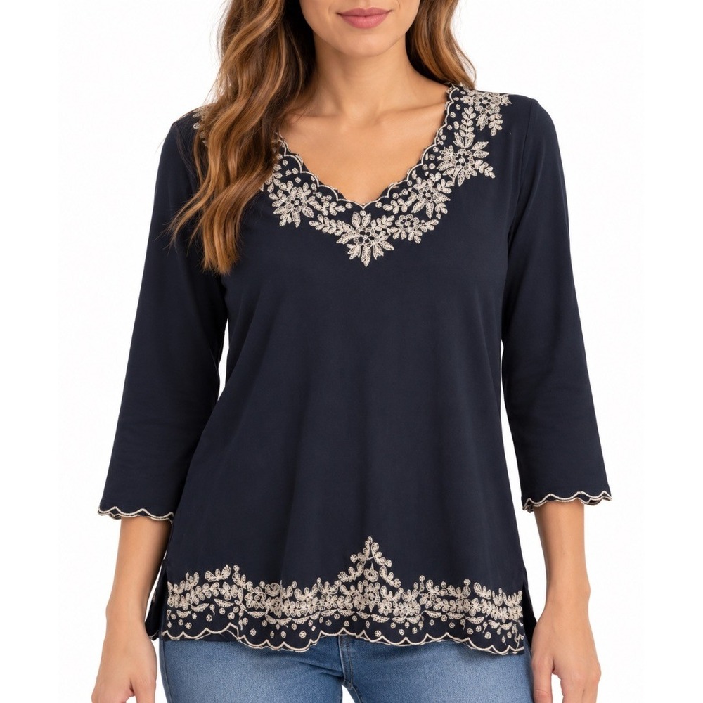 Coldwater Creek Womens Embroidered Tunic Top black Floral Scallop Hem L